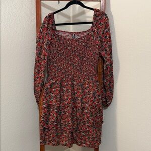 Vibrant Floral Print Red Smocked Long Sleeve Mini Dress Size XL NWT